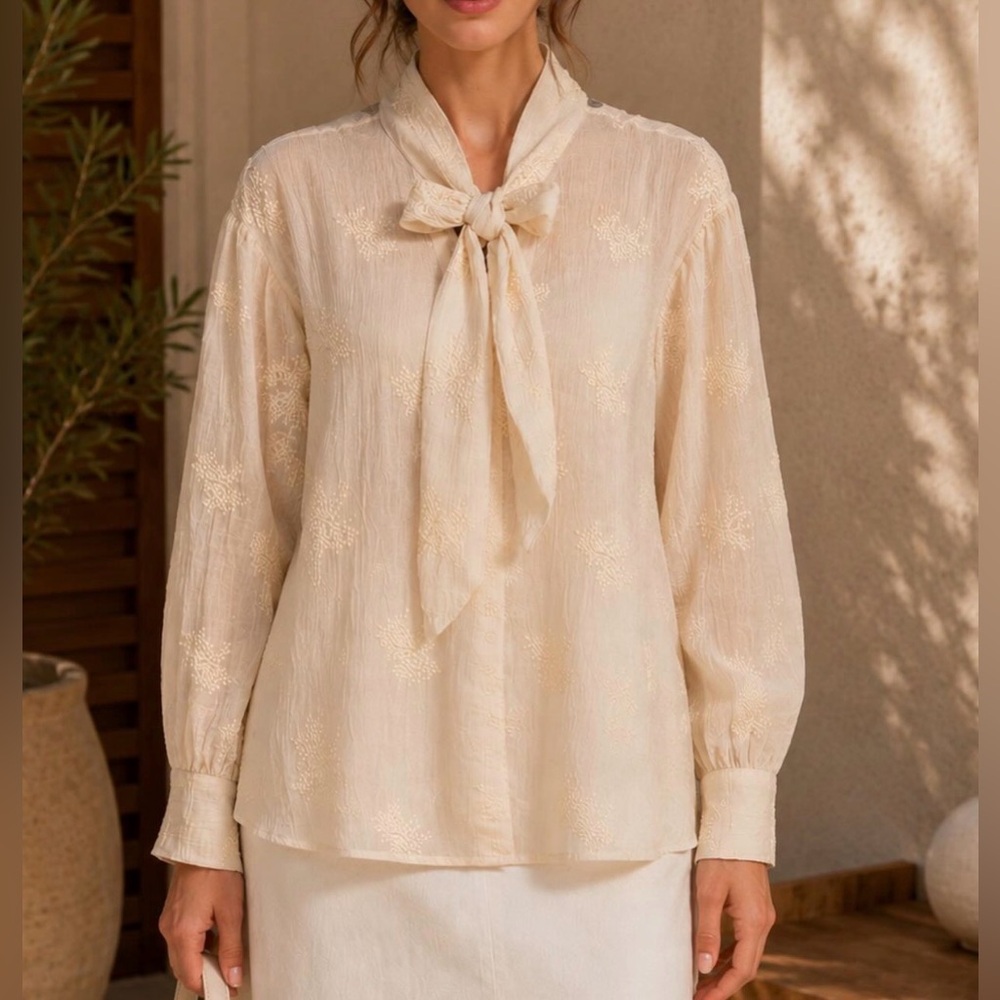 NWT. a.n.a Ivory Tie-Neck Ruffle Cuff Blouse Size: XXL - Picture 5 of 8